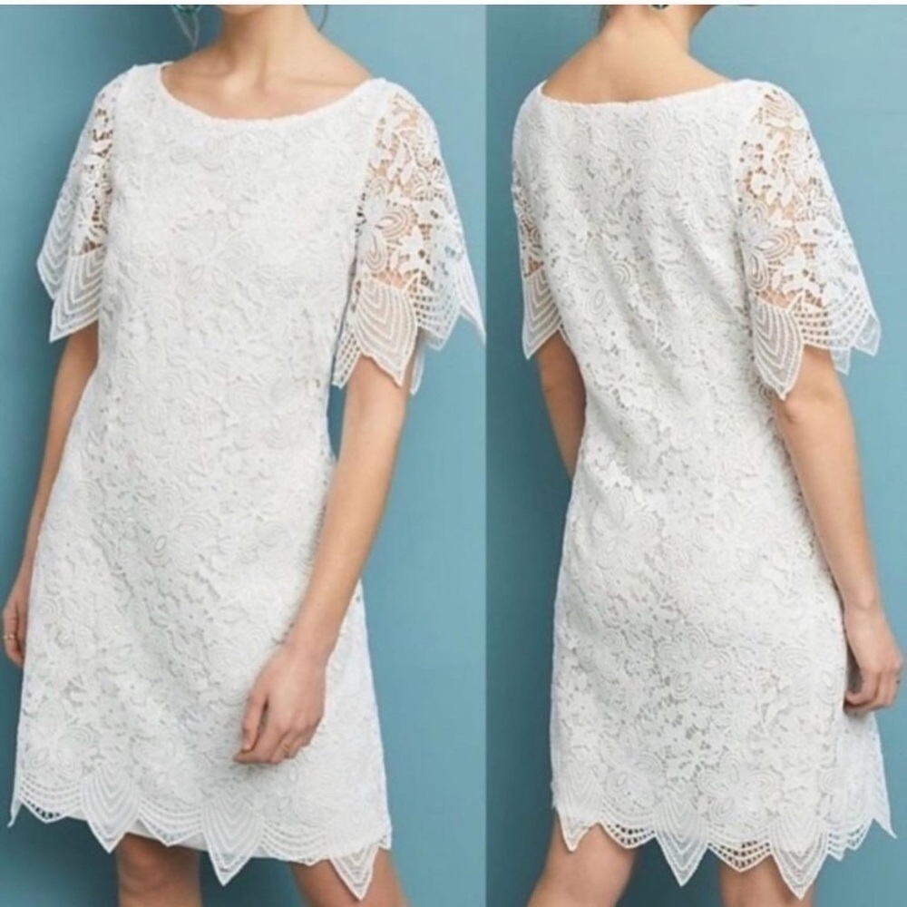 Anthropologie Sz 4 White Charleston Lace Mini Dress Scalloped Trim Short Sleeves